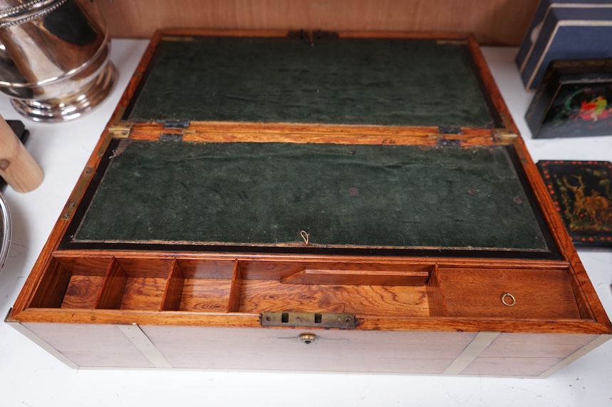 A late 19th century Anglo-Indian brass bound rosewood writing slope, 48cm wide. Condition - fair